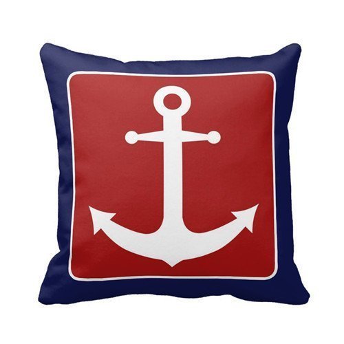 Nautical Anchor - Red White and Blue Throw Pillow Personalized 18x18 Inch Square Cotton Throw Pillow Case Decor Cushion Covers by deardeer