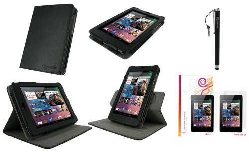 rooCASE Dual-View Multi Angle (Black) 100% Genuine Leather Folio Case Cover / Capacitive Stylus / 4-Pack x2 Anti-Glare and x2 HD Invisible Screen Protector Film for Google Nexus 7 Tablet (Automatically Wakes and Puts the Nexus 7 to Sleep)