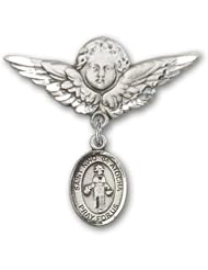 Sterling Silver Baby Badge with St. Nino de Atocha Charm and Angel with Wings Badge Pin