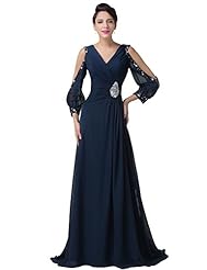 V-neck Acrylic/Chiffon/Satin Long Sleeves Off the Shoulder Ruched Beaded Sequined Lace-Up Evening Dress 