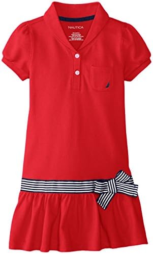 Nautica Little Girls' Shawl Collar Pique Dress with Grosgrain Ribbon Sash, ERO Red, 6