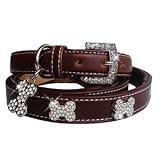 Luxe Bone 157 Swarovski crystals jewelled Leather Dog Collar - Chocolate /Medium (12-16)