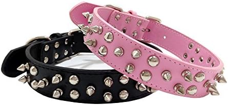 Double Row Spike Stud Spiked Studded PU Leather Adjustable Pet Dog Collar M Medium Black Pink (Black)