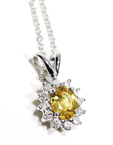 Pendant Necklace with Fine Quality Yellow Sapphire and Diamond, 18k White Gold, 18 Long Chain (T.w 0.95)