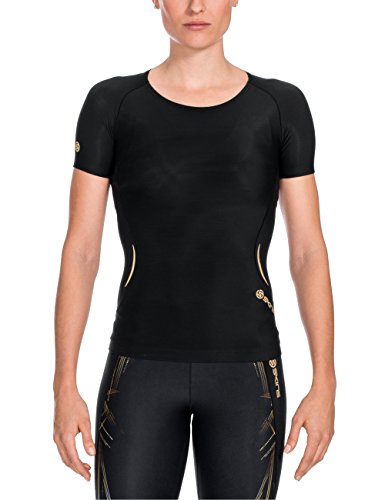 SKINS Women's A400 Short Sleeve Compression Top, Black/Gold, Small