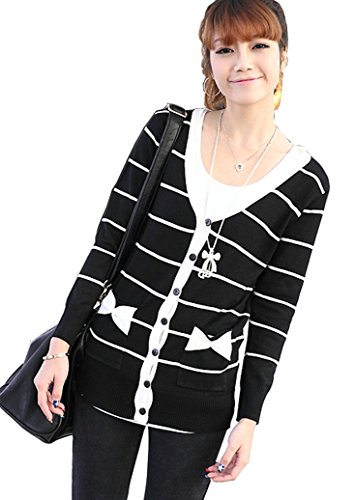 （オール ホワイト） ＡＬＬ ＷＨＩＴＥ ストライプ と リボン の ポッケ が 可愛い レディース ニット カーディガン