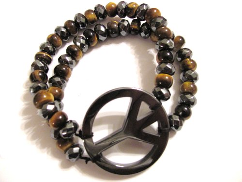 Black and Camel Hematite Peace Sign Bracelet