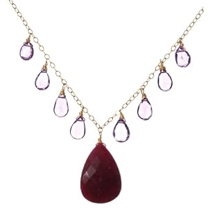 Gold-Filled Pink Amethyst Necklace with Dyed Ruby Pear-Shaped Pendant, 17 by