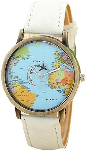 OUBAO Women Global Travel By Plane Map Denim Fabric Band Watch White