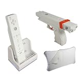 White Silicone Skin Grip Rubber Case Cover For Wii Fit Plus Balance Board and Dual Desktop Charging Charger Desk Stand Dock For Wii Wimote Motion Plus Controller + Free Batteries and Light Gun for Wii Motion Plus Controller
