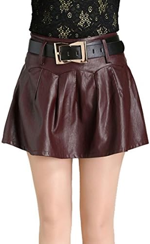 Shanmou New Women's PU Shorts Fit Skirt Leather Dress Red28