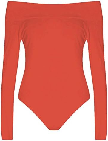 Womens Plus Size Long Sleeves Off Shoulder Plain Viscose Jersey Bodysuit (SM = (6 - 8), Coral)