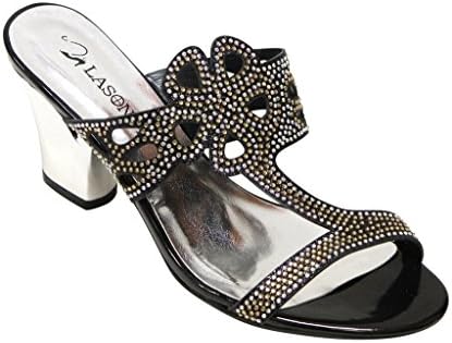 Lasonia S7751 Women's comfortable open toe floral glitter T-strap with rhinestones decor chunky heel slippers Black 7.5