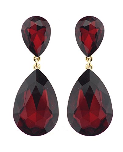Women's Elegant Dangling Teardrop Stone Pierced Earrings - Ruby Red Stone/Gold-Tone