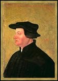 Bild mit Rahmen: Hans Asper, "Ulrich Zwingli / Gem. Hans Asper", 48 x 70 - Holz Corum S: Gold