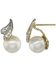 14k Gold Ribbon Lace Pearl Earrings w/ 0.06 Carat Brilliant Cut ( H-I Color; VS2-SI1 Clarity ) Diamonds & 7mm White Pearls