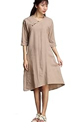 Linen Summer Elbow Length Sleeves High-Low-Hem  Dress