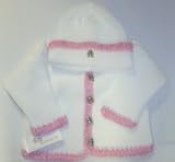 Ck601, Knitted on Hand Knitting Machine White Cotton with Hand Crocheted Raspberry Chenille Trim Cardigan Sweater Hat Set