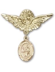 Gold Filled Baby Badge with St. Luke the Apostle Charm and Angel with Wings Badge Pin