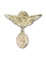 14K Gold Baby Badge with St. Luke the Apostle Charm and Angel with Wings Badge Pin