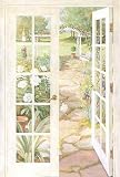 Trompe L' Oeil French Doors Window Wallpaper Wall Mural Garden Path Trellis Yard Pot Flower Floral Meadow Field Bushes Country