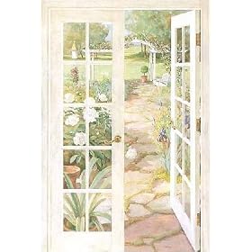 Trompe L' Oeil French Doors Window Wallpaper Wall Mural Garden Path Trellis Yard Pot Flower Floral Meadow Field Bushes Country