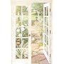 Trompe L' Oeil French Doors Window Wallpaper Wall Mural Garden Path Trellis Yard Pot Flower Floral Meadow Field Bushes Country
