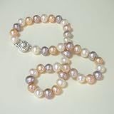 Tricolor White Lavender Peach 10-11mm AA+ (L1S2R2) Cultured Pearl Strand Princess Necklace w. Cubic Zirconia Pearl Stud CAREFREE Sterling Silver Clasp (18)