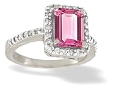 14K White Gold Emerald-cut Created Pink Sapphire and Diamond Ring