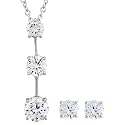 Platinum Overlay Sterling Silver Round Cubic Zirconia Three Stone Drop Pendant & Stud Earrings Set