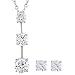 Platinum Overlay Sterling Silver Round Cubic Zirconia Three Stone Drop Pendant and Stud Earrings Set