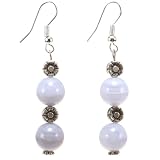 Handmade Chalcedony Agate Earrings With Silver Floral Beads