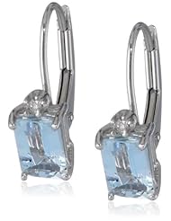 10k White Gold Aquamarine and Diamond-Accented Octagon Shape Dangle Earrings