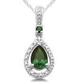 10k White Gold Pear and Round Created Emerald Diamond Pendant (1 14 cttw, J-K Color, I2-I3...