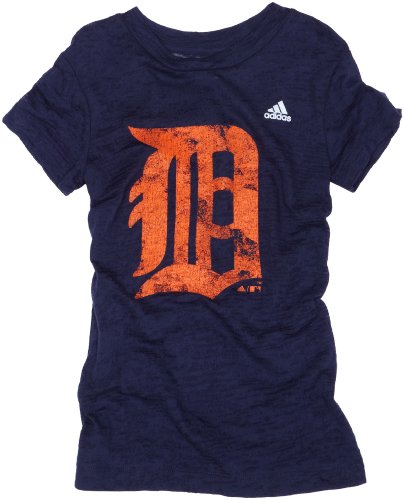 MLB Girls' Detroit Tigers Short Sleeve Longer Length Burnout Tee, Navy, X-Large
