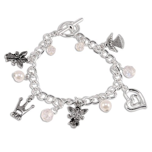 Silver Colored Charm Bracelet with Heart, Crown and Angel Charms