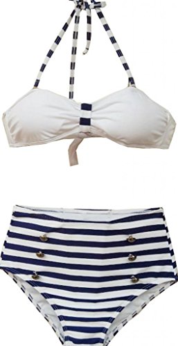 Surenow Cutest Retro Swimsuit Swimwear Vintage Push Up High Waist Bikini Set Stripe