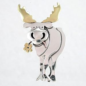 Smiling Moose with Flower Pin in Sterling Silver, #8866