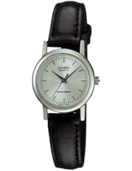 Casio Womens LTP1095E-7A Black Leather Quartz Watch with Silver Dial