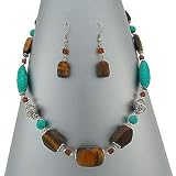 Winnity+Beautiful+Genuine+Stone+Turquoise+and+Tiger+Eyes+Necklace+and+Earrings+Set+Comes+Gift+Boxed+