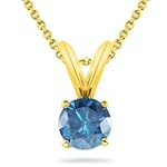 14K Yellow Gold Round Blue Diamond Solitaire Pendant w/18 Inch Chain (1/4 ctw)