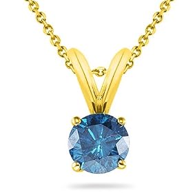 14K Yellow Gold Round Blue Diamond Solitaire Pendant w/18 Inch Chain (1/5 ctw)