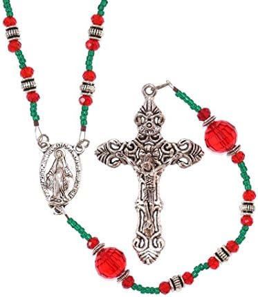 Heirloom Quality Oval Holy Blessed Virgin Mary Medal Vintage Design Pendant Rosary with 5 x 5mm Capped Antique Silver Rondelle Tibetan Style and Capped Round Red Transparent Glass Our Father Beads with Tibetan Style Ornate Crucufix Gift Boxed