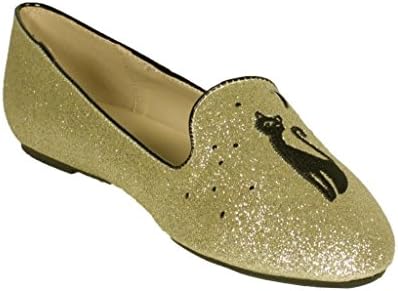Paprika Women's Moon Front Cat Design with Star and Moon Studding Slip on Flats, champagne glitter, 8 M US