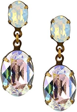 Liz Palacios Gold Plated Oval Dangle Post Earrings in White Opal and Moonlight Swarovski Elements Crystal