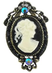 Antique Brass Finished Faux Black & White Cameo Brooch Pin or Pendant - Dual Function