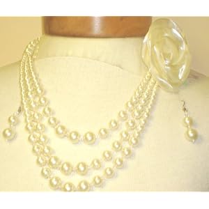 MultiStrand Faux Offwhite Cultured Pearl Necklace Earrings for Women and Teens
