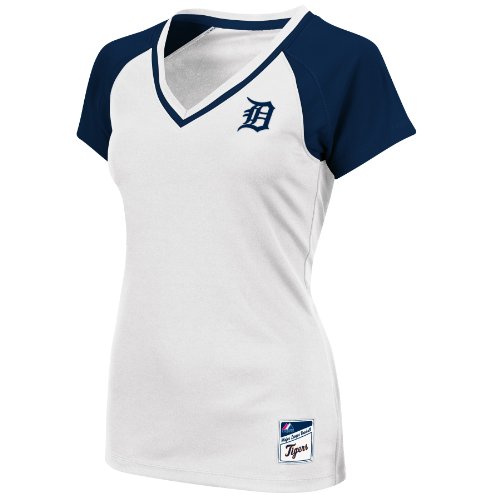 MLB Detroit Tigers Women's Short Sleeve Raglan Deep V-Neck Synthetic Tee (Wht/Athletic Navy/Ath Navy, Medium)