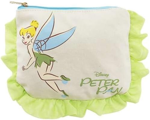 Japan Disney Official Peter Pan - Tinker Bell Princess White Green Natural Cotton Canvas Lace Zipper Pouch Square Students Pencil Case Big Capacity Pen Holder Stationery Makeup Cosmetic Art Bag