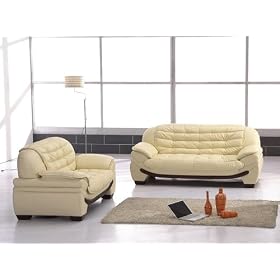 Elegant Modern Contemporary Beige Leather Sofa Loveseat Living Room Set
